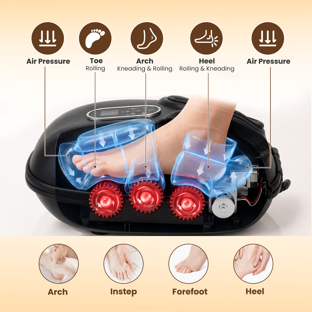 Heated Foot Massager with Air Compression and Roller Kneading