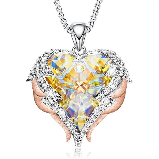 Women's Angel Wings Heart Pendant Necklace Embellished with Crystals from Swarovski