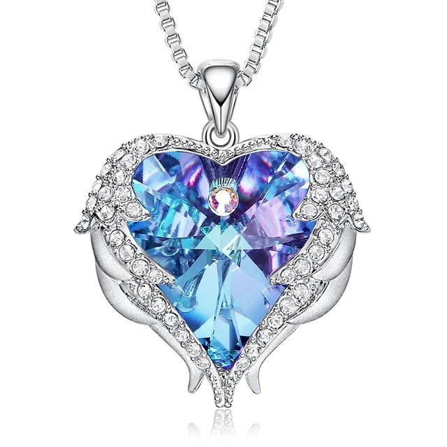 Women's Angel Wings Heart Pendant Necklace Embellished with Crystals from Swarovski