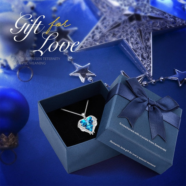 Women's Angel Wings Heart Pendant Necklace Embellished with Crystals from Swarovski