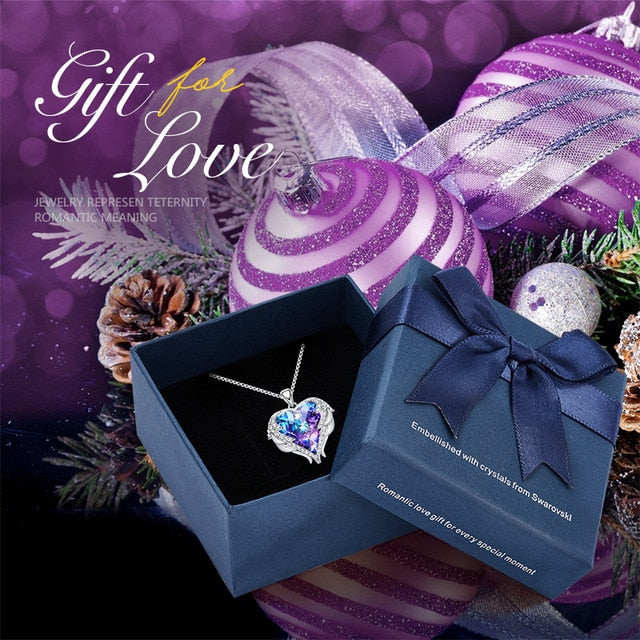 Women's Angel Wings Heart Pendant Necklace Embellished with Crystals from Swarovski