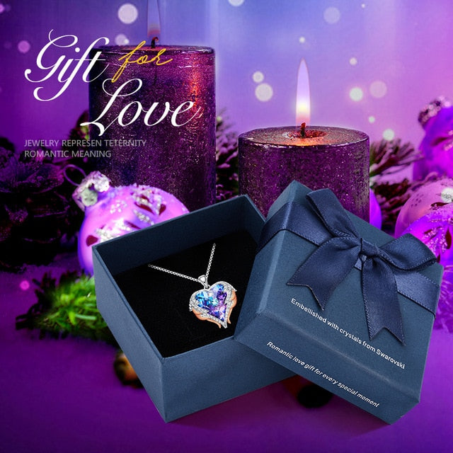 Women's Angel Wings Heart Pendant Necklace Embellished with Crystals from Swarovski