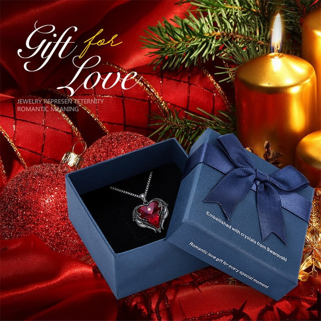 Women's Angel Wings Heart Pendant Necklace Embellished with Crystals from Swarovski