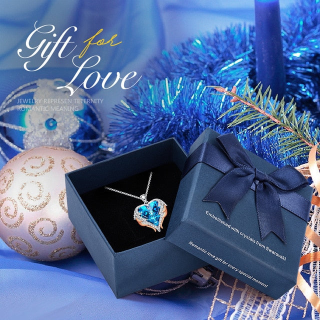 Women's Angel Wings Heart Pendant Necklace Embellished with Crystals from Swarovski